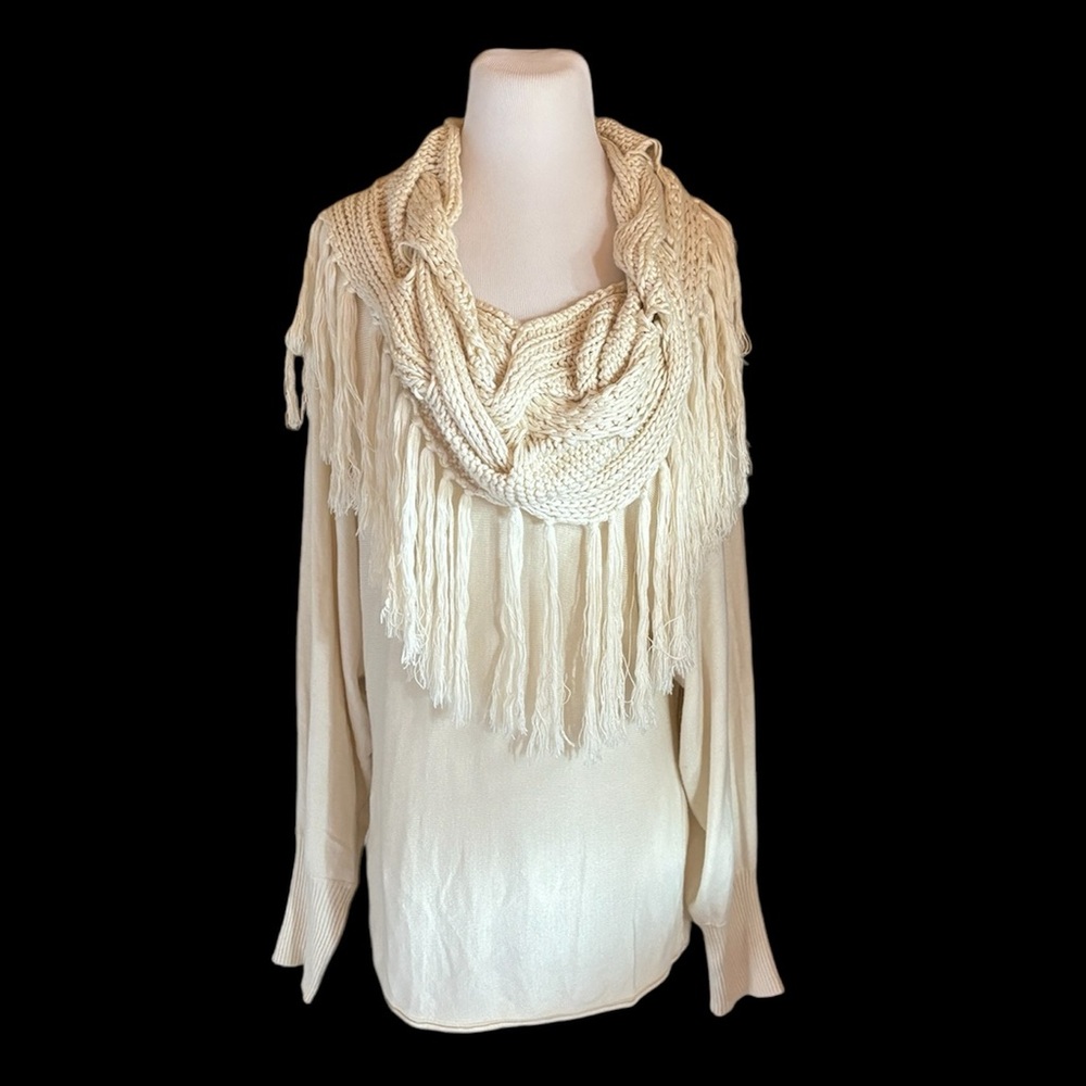 Addison M Ivory Fringe Cowl Shawl Scarf Long Dolman Sleeve Boho Pullover Sweater